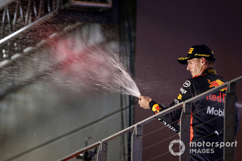 Max Verstappen, Red Bull Racing, 2nd position, sprays Champagne from the podium