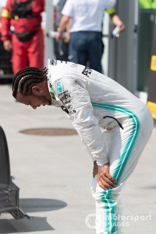 Lewis Hamilton, Mercedes AMG F1, 1st position, catches his breath in Parc Ferme