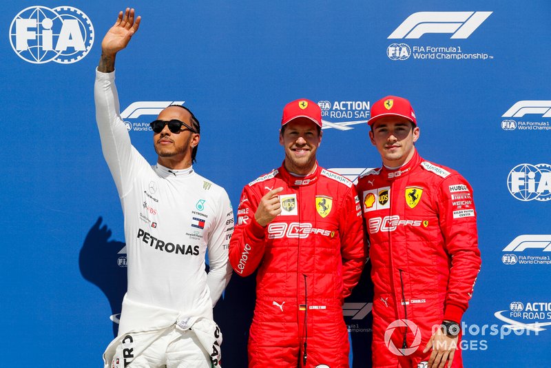 Top three Qualifiers Lewis Hamilton, Mercedes AMG F1, pole man Sebastian Vettel, Ferrari, and Charles Leclerc, Ferrari
