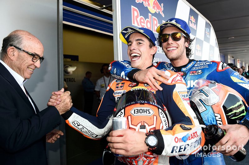 Alex Rins, Team Suzuki MotoGP, Marc Marquez, Repsol Honda Team, Carmelo Ezpeleta, CEO Dorna Sports, Spanish MotoGP Race 2019