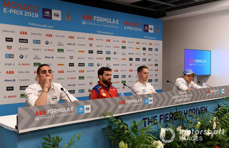 Sébastien Buemi, Nissan e.Dams, Jérôme d'Ambrosio, Mahindra Racing, Stoffel Vandoorne, HWA Racelab, Felipe Massa, Venturi Formula E, durante la conferenza stampa