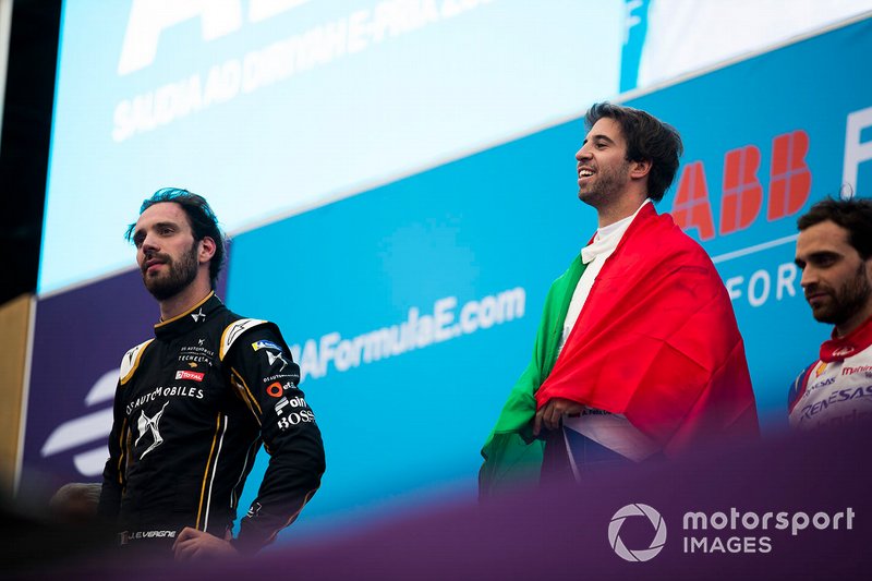 Winner Antonio Felix da Costa, BMW I Andretti Motorsports on the podium with second position Jean-Eric Vergne, DS TECHEETAH, third position Jérôme d'Ambrosio, Mahindra Racing