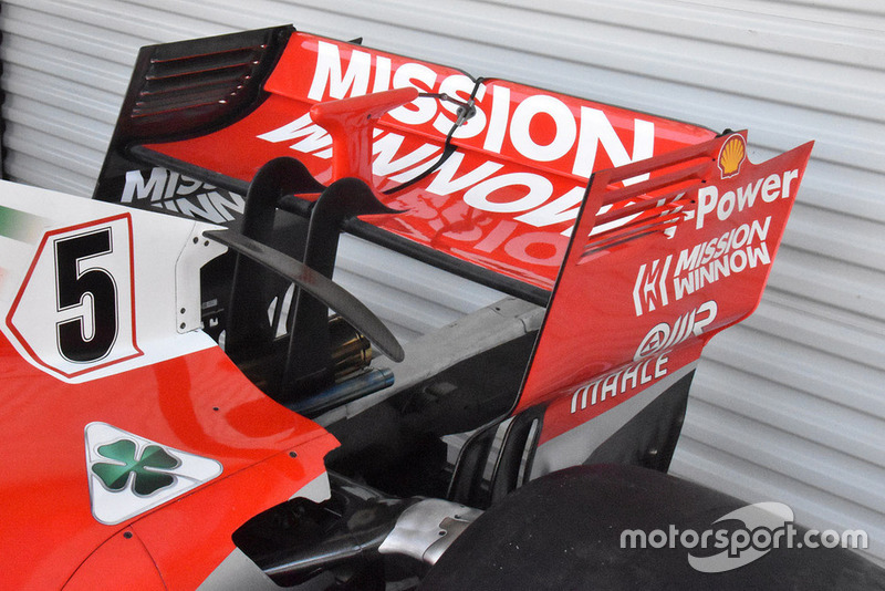 The high-downforce rear wing set to be used by Ferrari in Mexico, but note it does not have the offset strakes utilised in previous rounds.