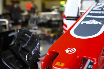 Nose cone and front wing detail of the Kevin Magnussen Haas F1 Team VF-18.