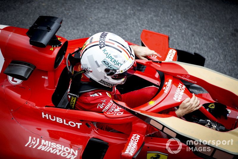 Sebastian Vettel, Ferrari, arrives in Parc Ferme after Qualifying