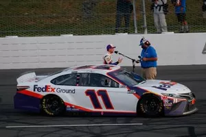 Denny Hamlin, Joe Gibbs Racing, Toyota Camry FedEx Ground celebrates his won