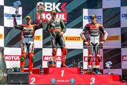 Sunday race podium: 1st place Tom Sykes, Kawasaki Racing Team, 2nd place Davide Giugliano, Aruba.it