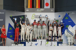 Podium: race winners Marcel Fässler, Andre Lotterer, Benoit Tréluyer, Audi Sport Team, second place, Romain Dumas, Neel Jani, Marc Lieb, Porsche Team, third place, Stéphane Sarrazin, Mike Conway, Kamui Kobayashi, Toyota Racing
