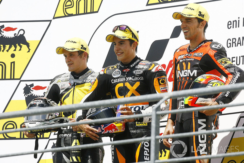 Podium : le vainqueur Marc Marquez, le deuxième, Stefan Bradl, le troisième, Alex de Angelis