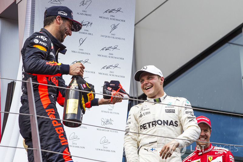 Podium: race winner Valtteri Bottas, Mercedes AMG F1, third place Daniel Ricciardo, Red Bull Racing