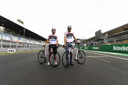 Esteban Ocon, Force India, Sergio Perez, Force India, on bicycles
