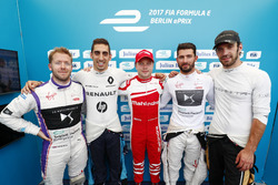 Sam Bird, DS Virgin Racing, Sébastien Buemi, Renault e.Dams, Felix Rosenqvist, Mahindra Racing,Jose Maria Lopez, DS Virgin Racing, and Jean-Eric Vergne, Techeetah, celebrate after qualifying
