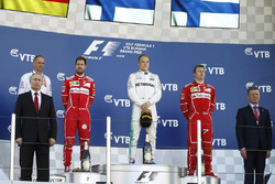 Russian President Vladimir Putin, Tony Ross, Race Engineer, Mercedes AMG F1, Second place Sebastian Vettel, Ferrari, Race winner Third place Valtteri Bottas, Mercedes AMG F1 Kimi Raikkonen, Ferrari, Russian Prime Minister Dimitri Medvedev