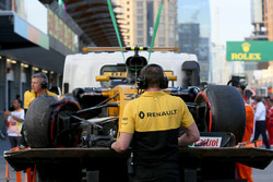 The crashed car of Jolyon Palmer, Renault Sport F1 Team RS17 is recovered in FP2