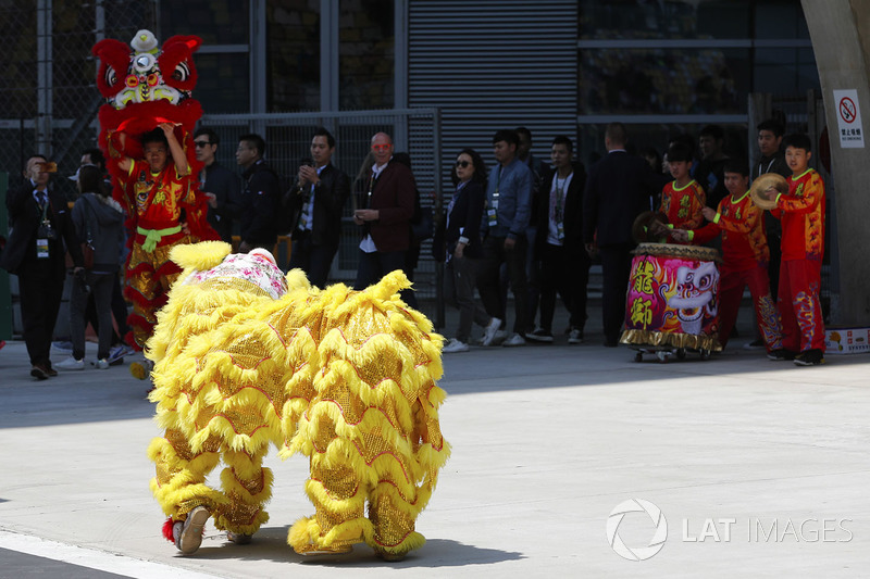 Chinese drums and dragon costumes in the paddock