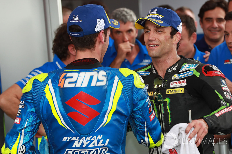 Il terzo classificato Alex Rins, Team Suzuki MotoGP, il secondo classificato Johann Zarco, Monster Yamaha Tech 3