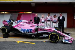 Andrew Green, Sahara Force India F1 Technical Director, Nikita Mazepin, Sahara Force India F1, Esteban Ocon, Sahara Force India F1, Sergio Perez, Sahara Force India and Otmar Szafnauer, Sahara Force India Formula One Team Chief Operating Officer, the new Sahara Force India VJM11