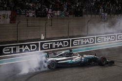 Lewis Hamilton, Mercedes-Benz F1 W08 performs donuts in parc ferme