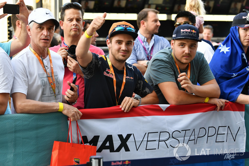 Max Verstappen, Red Bull Racing fans and banner