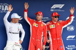 Valtteri Bottas, Mercedes-AMG F1, pole sitter Sebastian Vettel, Ferrari and Kimi Raikkonen, Ferrari celebrate in parc ferme