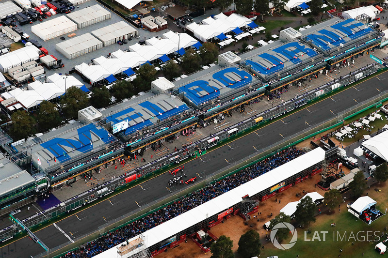 Aerial Parc Ferme on the grid after qualifying after Lewis Hamilton, Mercedes AMG F1 W09, takes pole