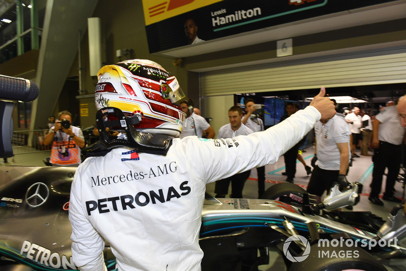 Pole sitter Lewis Hamilton, Mercedes AMG F1 celebrates in parc ferme