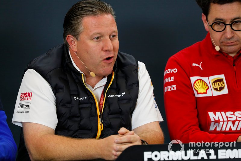 Zak Brown, Executive Director, McLaren, and Mattia Binotto, Team Principal Ferrari