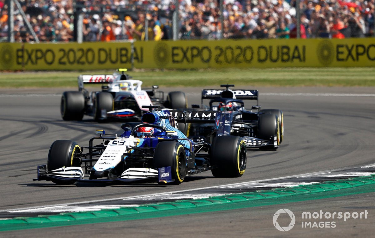 George Russell, Williams FW43B, Yuki Tsunoda, AlphaTauri AT02, and Mick Schumacher, Haas VF-21