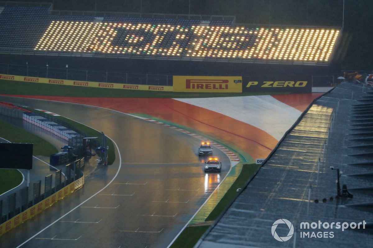 The Safety Car and the Medical Car test the track conditions