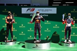 Podium: Race winner Liam Lawson, Hitech Grand Prix, second place Richard Verschoor, MP Motorsport, third place Clement Novalak, Carlin Buzz Racing