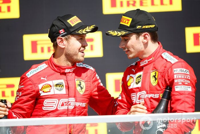 Podio: segundo lugar Sebastian Vettel, Ferrari y tercer lugar Charles Leclerc, Ferrari