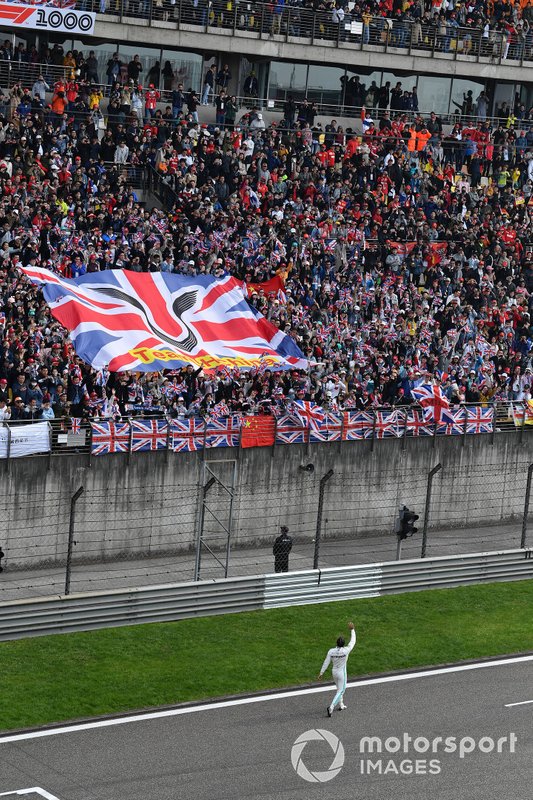 Lewis Hamilton, Mercedes AMG F1, 1st position, celebrates with the fans after the race