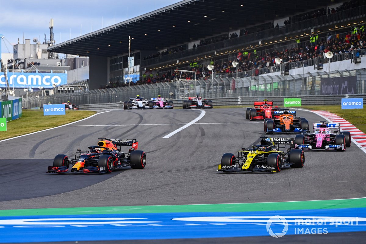 Max Verstappen, Red Bull Racing RB16, Daniel Ricciardo, Renault F1 Team R.S.20, Sergio Perez, Racing Point RP20, Carlos Sainz Jr., McLaren MCL35, and Charles Leclerc, Ferrari SF1000