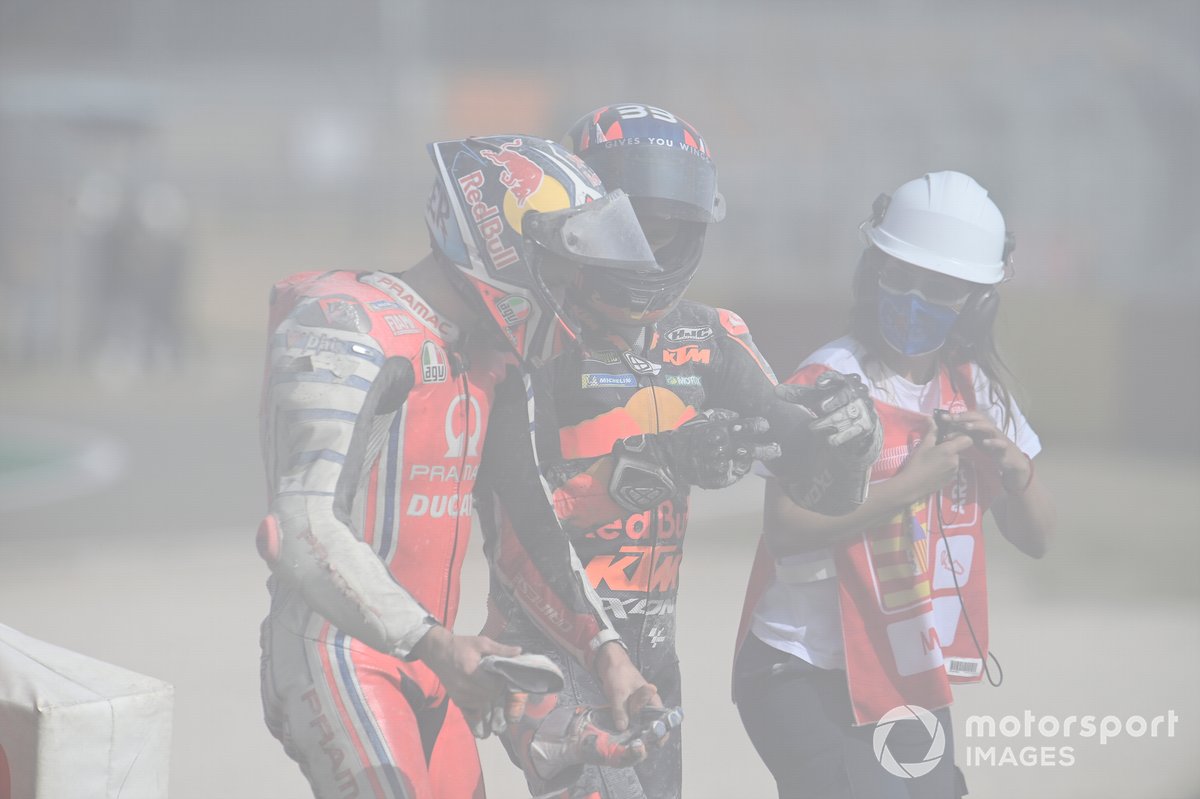Caída de Jack Miller, Pramac Racing y Brad Binder, Red Bull KTM Factory Racing