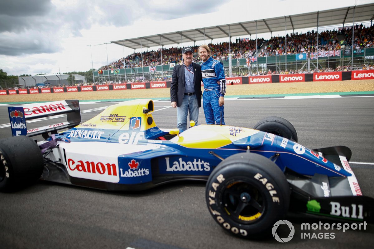 1992 World Champion Nigel Mansell with his Williams FW14B and Sebastian Vettel, Aston Martin