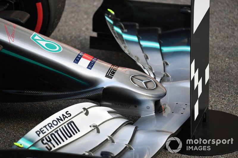 The nose of the car of Lewis Hamilton, Mercedes AMG F1 W10