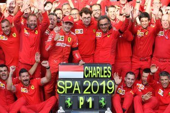 Charles Leclerc, Ferrari, Mattia Binotto, Team Principal Ferrari, Laurent Mekies, Sporting Director, Ferrari, and the Ferrari team celebrate victory