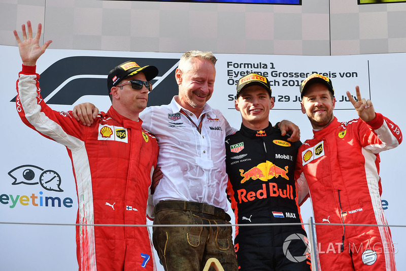 Kimi Raikkonen, Ferrari, Jonathan Wheatley, Red Bull Racing Team Manager, Max Verstappen, Red Bull Racing and Sebastian Vettel, Ferrari celebrate on the podium