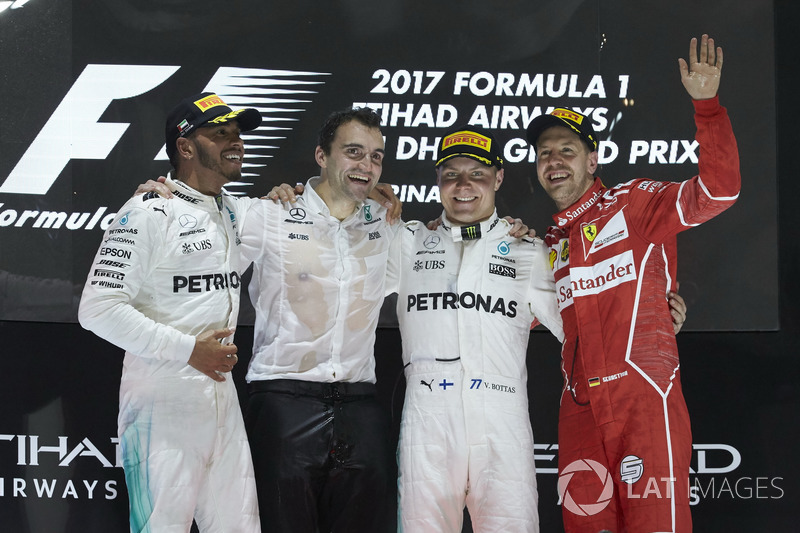 Podium: Second place Lewis Hamilton, Mercedes AMG F1, Race winner Valtteri Bottas, Mercedes AMG F1,
