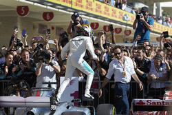 Race winner Lewis Hamilton, Mercedes AMG F1, celebrates in Parc Ferme