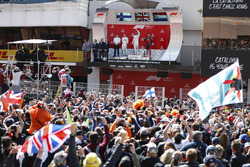Lewis Hamilton, Mercedes AMG F1, Valtteri Bottas, Mercedes AMG F1 and Max Verstappen, Red Bull Racing, celebrate on the podium in front of fans