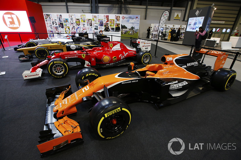 A McLaren, Ferrari, Renault and Williams on the F1 Racing Stand