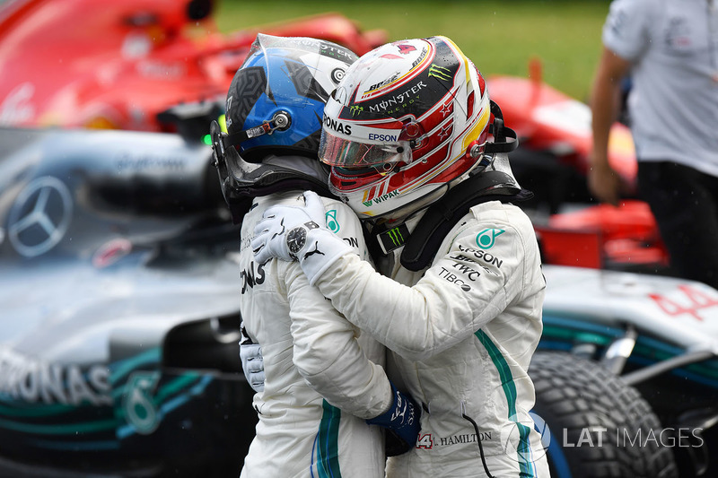 Lewis Hamilton, Mercedes-AMG F1 and Valtteri Bottas, Mercedes-AMG F1 celebrate in parc ferme