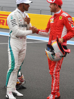 Lewis Hamilton, Mercedes-AMG F1 and Sebastian Vettel, Ferrari celebrate in parc ferme