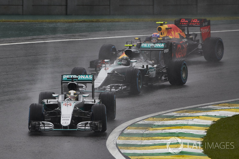 Lewis Hamilton, Mercedes F1 W07 Hybrid, leads Nico Rosberg, Mercedes F1 W07 Hybrid, and Max Verstapp