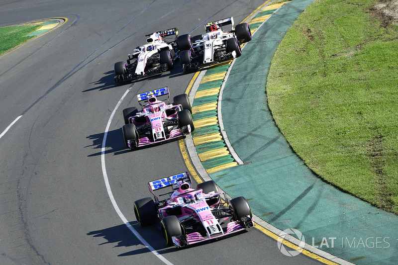 Sergio Perez, Force India VJM11 leads Esteban Ocon, Force India VJM11