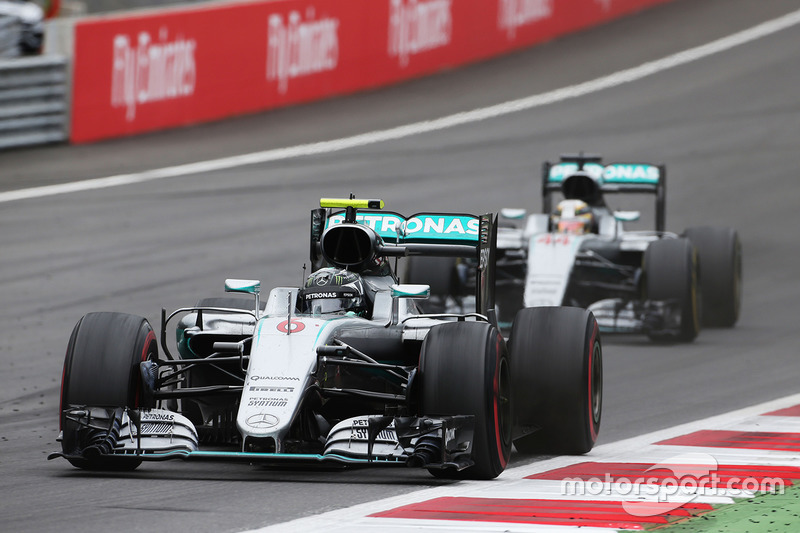 Nico Rosberg, Mercedes AMG F1 W07 Hybrid leads team mate Lewis Hamilton, Mercedes AMG F1 W07 Hybrid