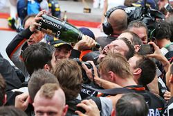 Sergio Perez, Sahara Force India F1 celebrates his third position with the champagne with the team