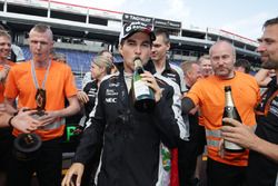 Sergio Perez, Sahara Force India F1 celebrates his third position with the team