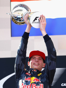 Max Verstappen, Red Bull Racing celebrates his first win